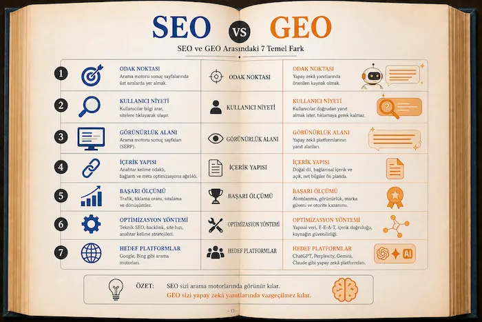 SEO ve GEO karşılaştırma — klasik arama vs üretken yapay zekâ