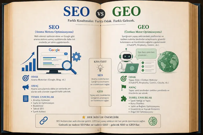 GEO ve SEO farkı — yapay zekâ aramalarında konumlanma rehberi