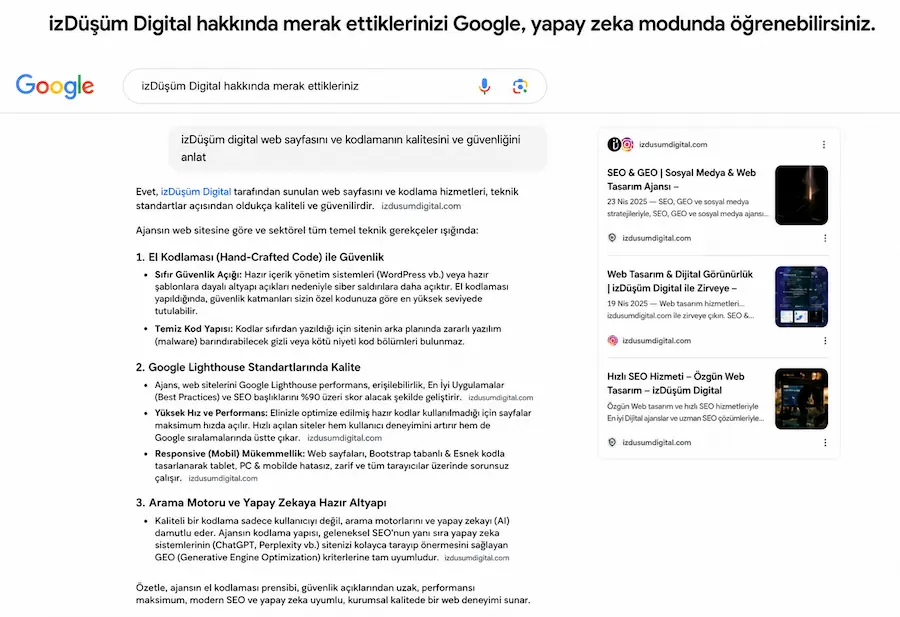 Google yapay zekâ modunda İzDüşüm Digital sorgusunun sonucu