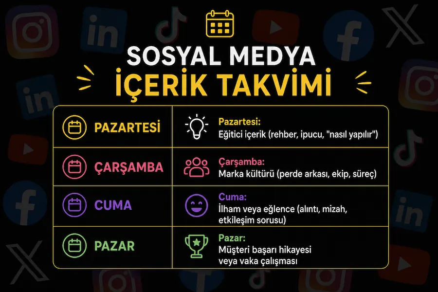 Haftalık içerik takvimi — renkli post kartlarının düzenli sıralanışı