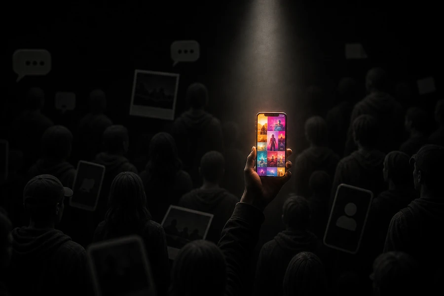 Sosyal medyada kalabalıkta öne çıkan renkli telefon — gri silüetlerle çevrili