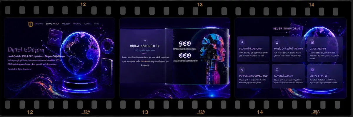 İzDüşüm Digital vizyon sayfası futuristik dijital uzay tasarımı film şeridi sunumu
